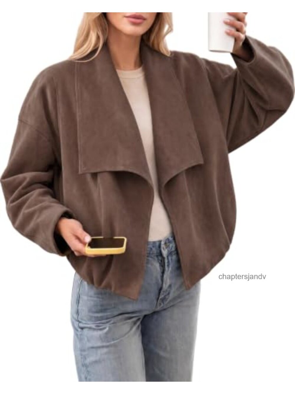 Womens Faux Suede Oversized Cropped Open Front Jacket Button Lapel Coat